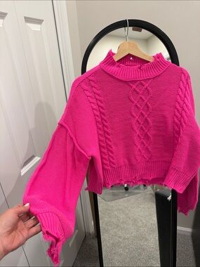 NYC Knits Cropped Cable Knit Sweater - Hot Pink